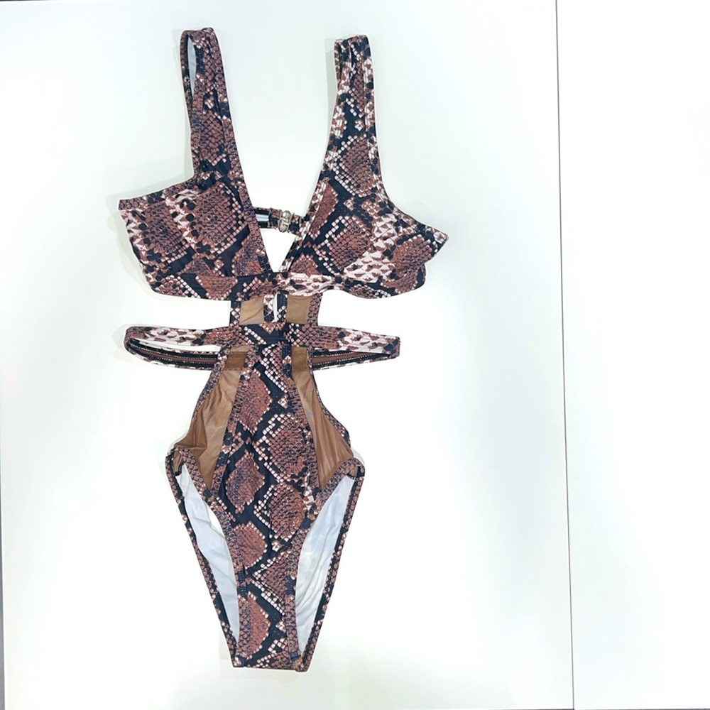 NWOT Matte Collection brown, black & white snakeskin pattern one piece swim suit